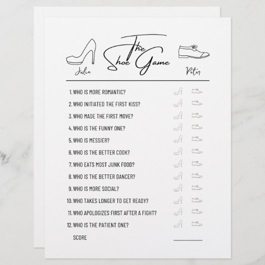 Mariage Chaussure Questions Jeu papier noir et bla (Devant / Derrière)