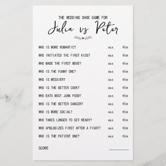 Mariage Chaussure Questions Jeu papier noir et bla (Devant)