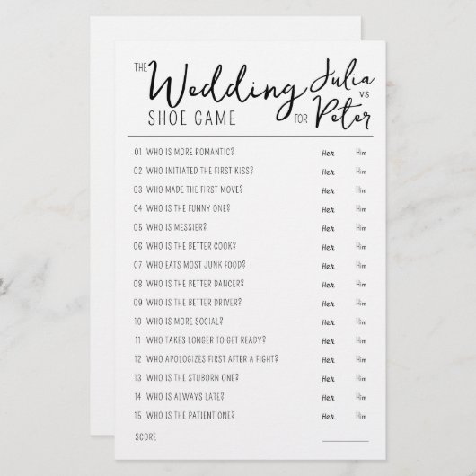 Mariage Chaussure Questions Jeu papier noir et bla (Devant / Derrière)