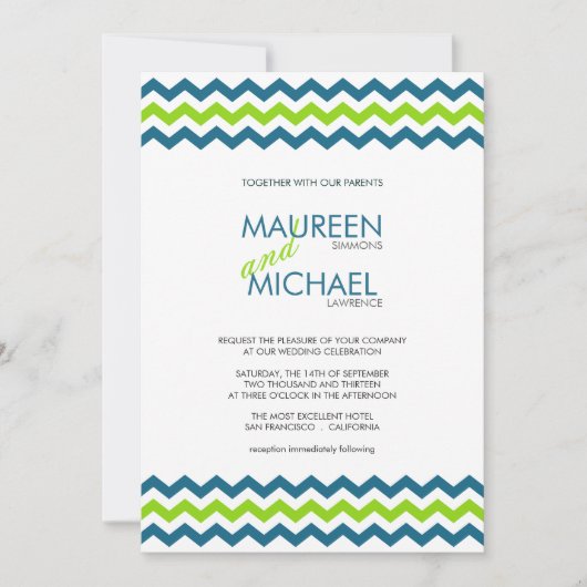 Mariage Chevron ZigZag Blue and Lime Invitations (Devant)