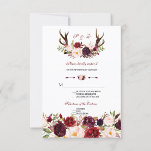 Mariage Chic Burgundy Marsala Floral Antlers RSVP