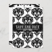 Mariage chic damassé noir et blanc, carte 'Save th (Devant / Derrière)