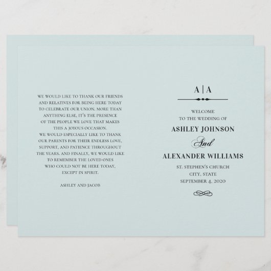 Mariage classique élégant. Programme bleu plié (Devant / Derrière)