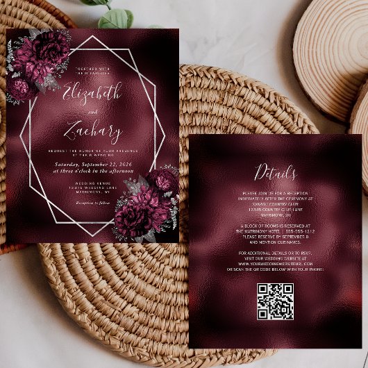 Mariage Code QR Floral Argenté Feuille de Bourgogn