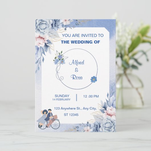Mariage Couple Image bleu doux Simple Invitation (Debout devant)