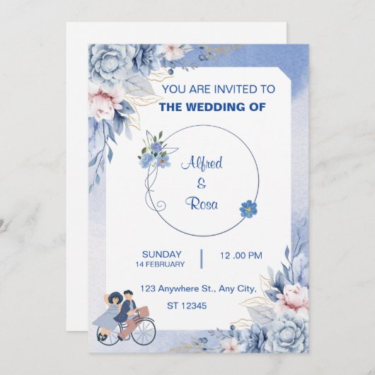 Mariage Couple Image bleu doux Simple Invitation (Devant / Derrière)