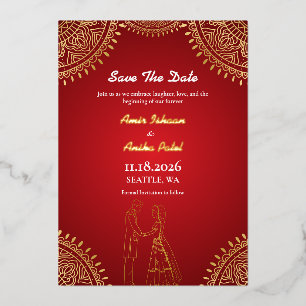 Mariage Couple Indien Rouge Or Carte de Faire-Part