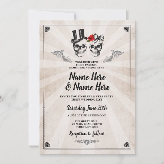 Mariage crâne Halloween Invitation de crème gothiq (Devant)
