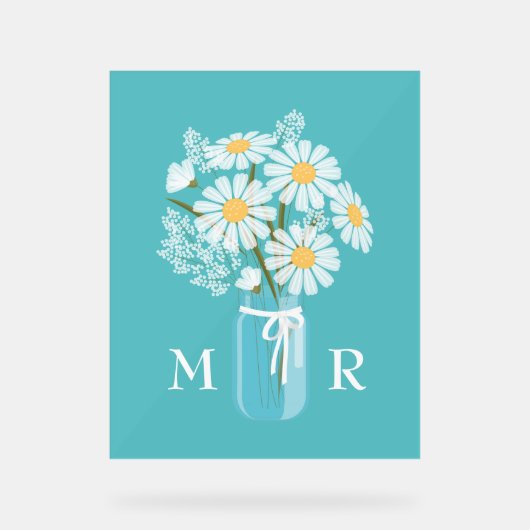 Mariage Daisies Mason Jar Monogramme initial Turqu (Recto)