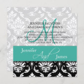Mariage Damask Monogrammes Noms Invitation Turquoi (Devant / Derrière)