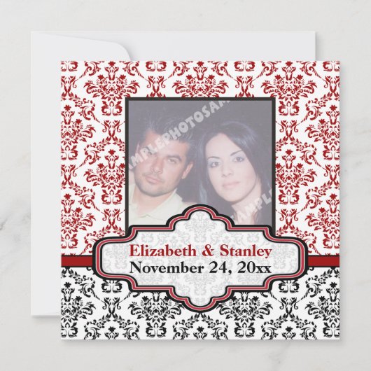 Mariage damask noir blanc rouge Save the Date (Devant)