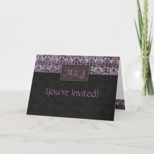Mariage Damask Purple Black Invitation Card (Devant)