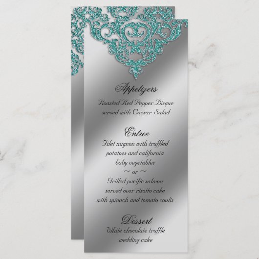 Mariage damassé Cartes de menu Étincelle Turquoise (Devant / Derrière)