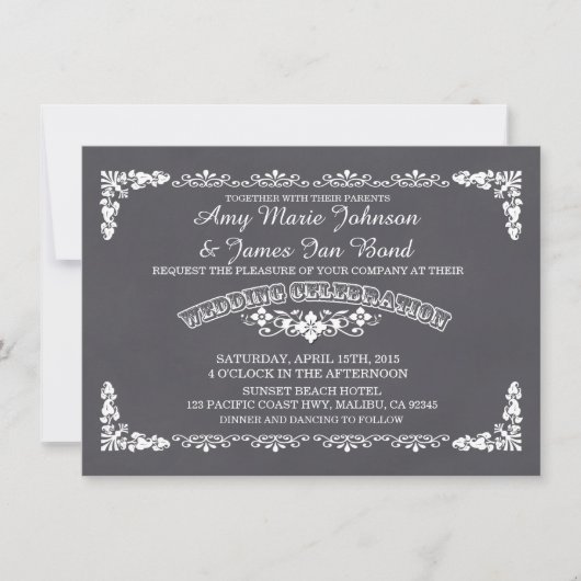 Mariage damassé fleurie Chalkboard invitations déc (Devant)