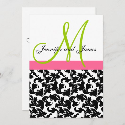 Mariage damassé Invitation Monogramme Rose vert (Devant / Derrière)