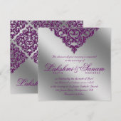 Mariage damassé Invitation Sparkle Silver Purple 2 (Devant / Derrière)