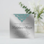 Mariage damassé Invitation Sparkle Silver Turquois (Debout devant)