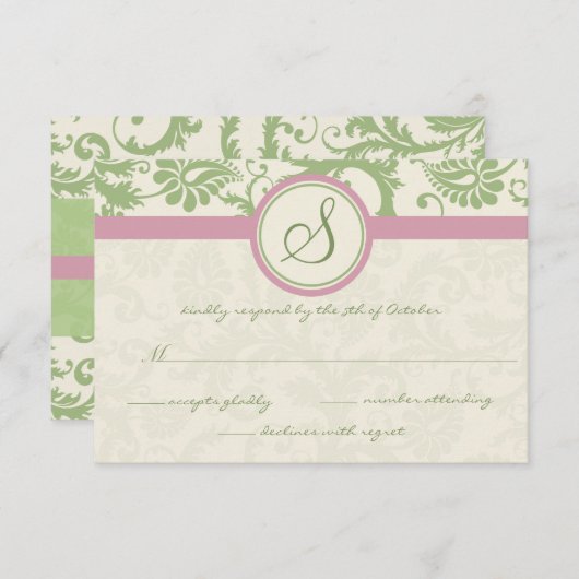 Mariage damassé vert et rose RSVP (Devant / Derrière)