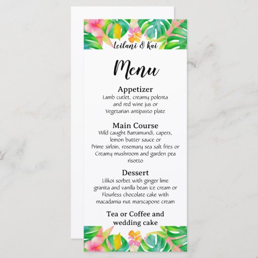 Mariage dans la carte de menu Paradise (Devant / Derrière)