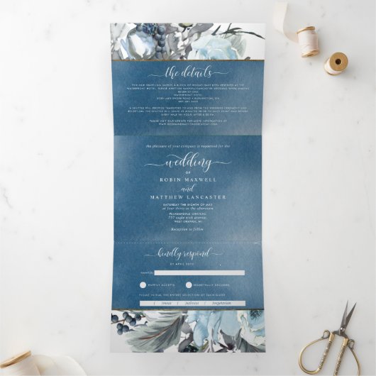 Mariage d'aquarelle bleu à trois volets Invitation (Intérieur)