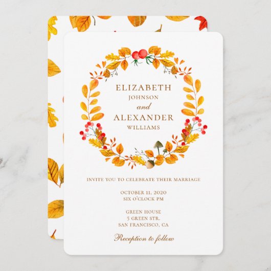 Mariage d'automne. Invitation d'automne. Couronne  (Devant / Derrière)