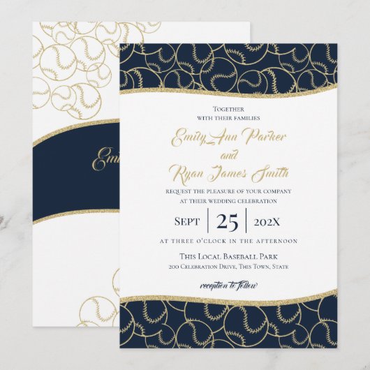 Mariage de baseball Gold et Blue Invitation (Devant / Derrière)
