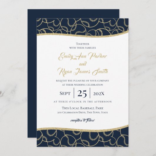 Mariage de baseball Gold et Blue Invitation (Devant / Derrière)