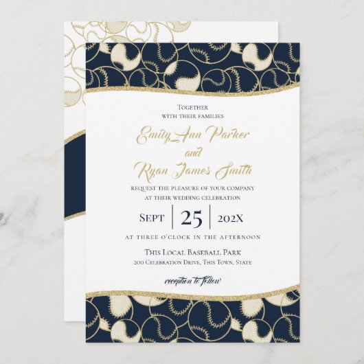 Mariage de baseball Gold et Blue Invitation (Devant / Derrière)