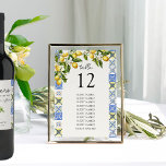 Mariage de citronnier Tableau des numéros de table<br><div class="desc">Le numéro de table du mariage Lemon Grove avec la liste d'invités imprimés sur les deux côtés afin de créer un tableau de sièges suspendu ou d'afficher les cartes sur les tables individuelles. Le design se compose de citrons, de verdure et de fleurs de citrons aux carreaux méditerranéens bleus et...</div>