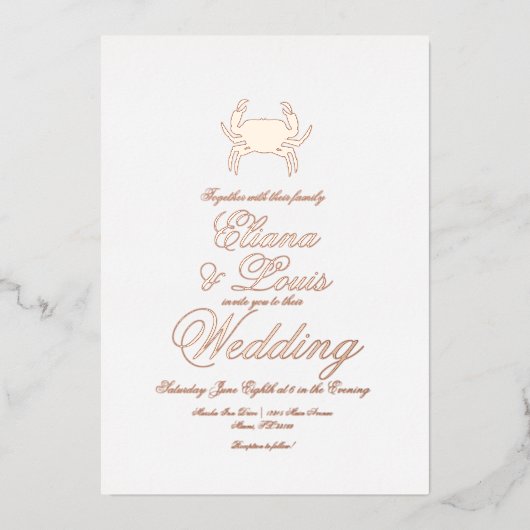 Mariage de crabe de plage Pressing Foil Invitation (Recto)