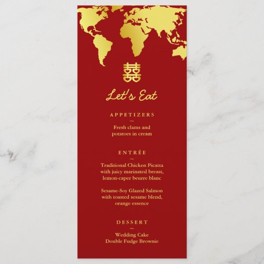 Mariage de destination sur une carte rouge et or (Devant)