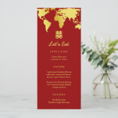 Mariage de destination sur une carte rouge et or (Debout devant)