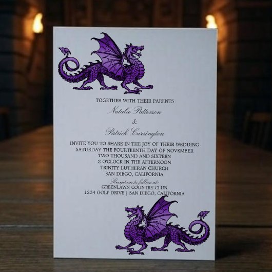 Mariage de dragon médiéval violet Invitation