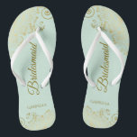 Mariage de femme de chambre d'or Elégante Monnaie<br><div class="desc">Ces tongs de mariage élégants sont une excellente façon de remercier et de reconnaître vos demoiselles d'honneur, tout en donnant à leurs pieds un repos après une longue journée. La belle conception présente un design élégant avec des garnitures en dentelle dorée sur un arrière - plan vert menthe pâle et...</div>