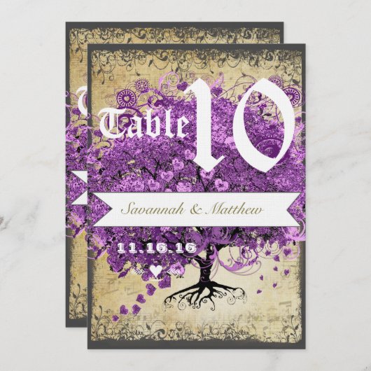 Mariage de feuille de coeur violet Numéro de table (Devant / Derrière)