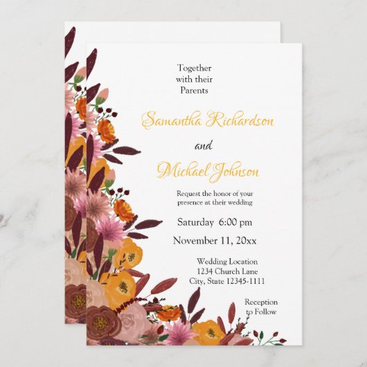 Mariage de fleurs automne Invitation blanche (Devant / Derrière)