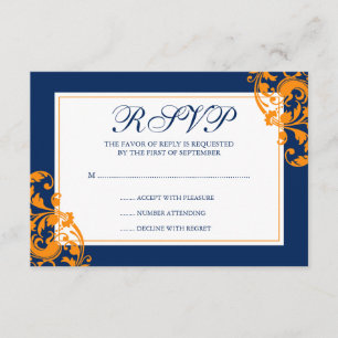 Mariage de flûtes bleu marine et orange RSVP