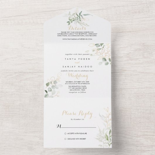 Mariage De Foliage Vert Or Tout En Une Invitation (À l'intérieur)