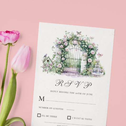 Mariage de jardin Fontaine d'arc floral carte RSVP