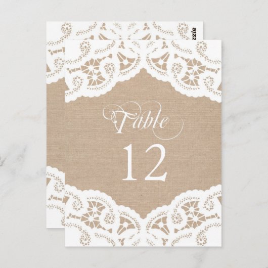 Mariage de la dentelle Burlap Numéro de table Cart (Devant / Derrière)