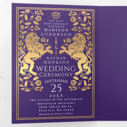 Mariage de Lion Médiéval Violet Royal Tri-Fold (Intérieur en premier)