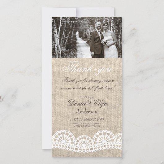 Mariage de Merci de Carte photo Burlap & Lace (Devant)