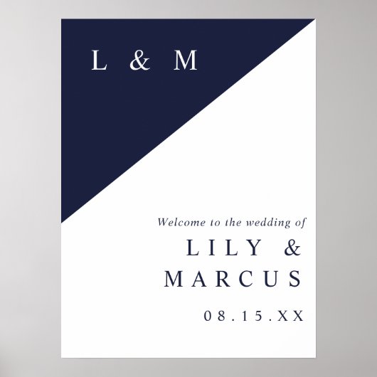 Mariage de Monogramme blanc bleu marine Affiche de (Devant)
