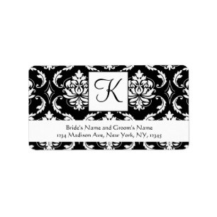 Mariage de monogramme noir blanc Damask Étiquettes