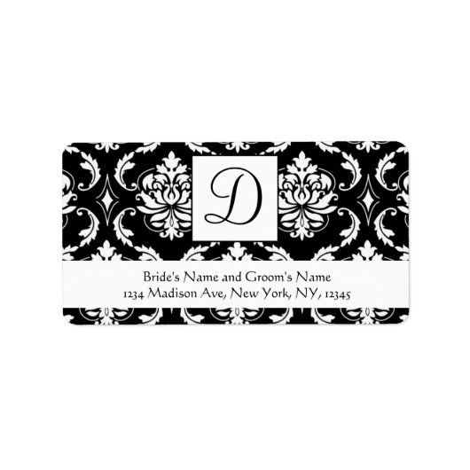 Mariage de monogramme noir blanc Damask Étiquettes (Devant)