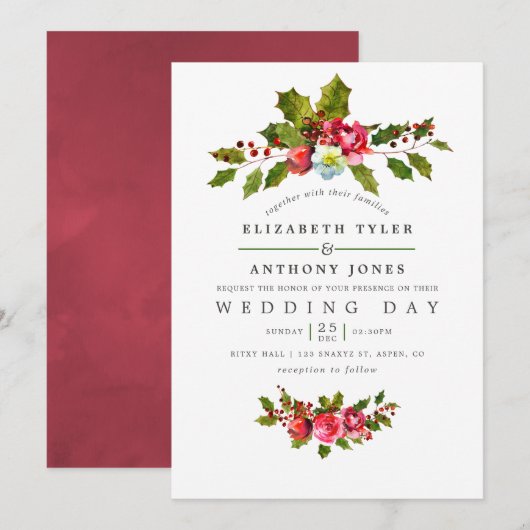 Mariage de Noël Floral Holly Aquarelle Invitation (Devant / Derrière)