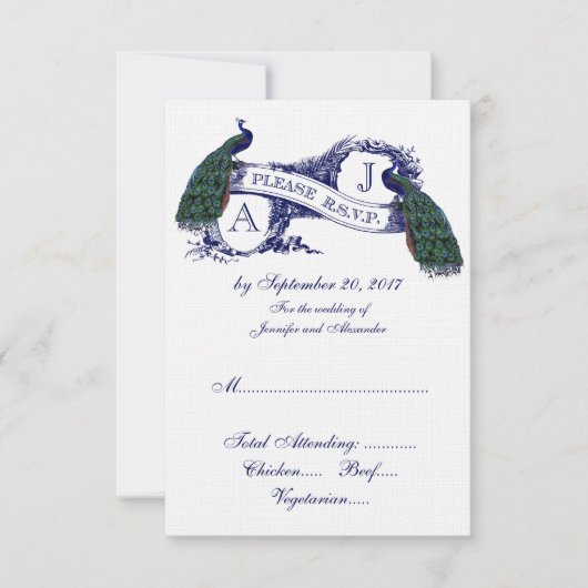 Mariage de paon bleu marine RSVP (Devant)