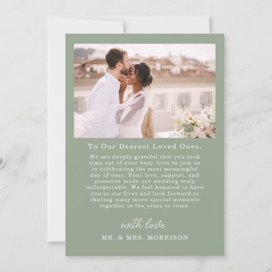 Mariage de photo Script Sage Green Carte de remerc (Dos)