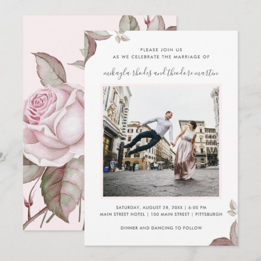 Mariage de roses roses Pink Photo Invitation (Devant / Derrière)