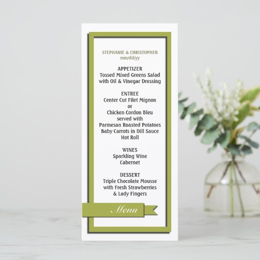 Mariage de ruban vert olive Menu / Programme (Debout devant)